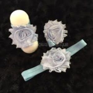 Blue Shabby Flower Barefoot Sandal & Headband   HANDMADE